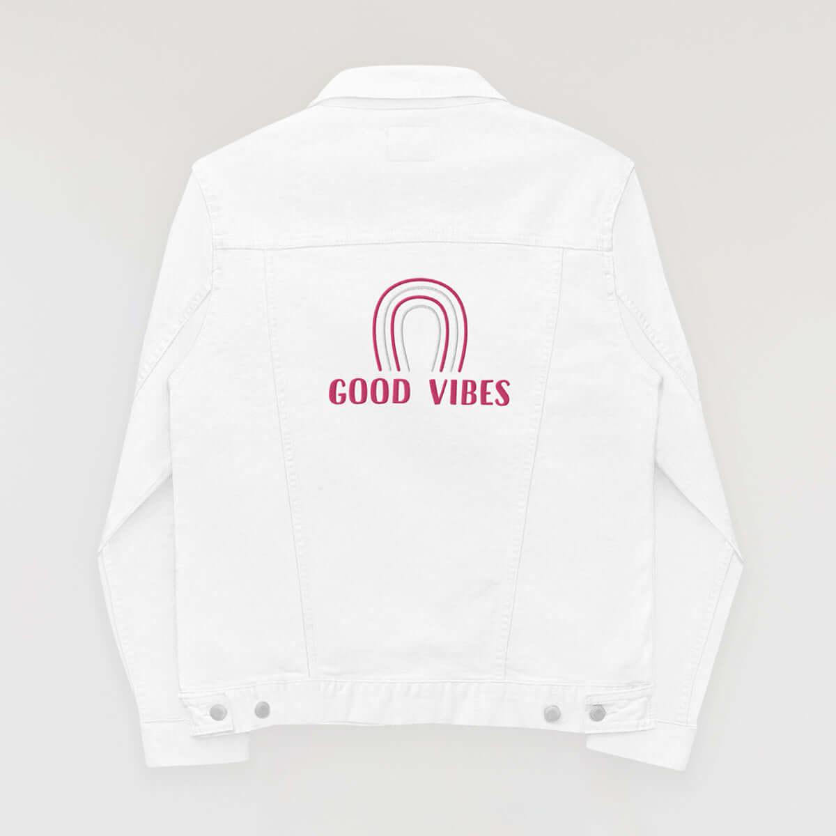 Good Vibes Denim Jacket - White and Pink Stitch